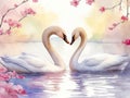 Two swans in a tender embrace, watercolor illustration. Valentine\'s Day card. With space for text. Generative AI Royalty Free Stock Photo