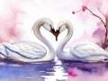 Two swans in a tender embrace, watercolor illustration. Valentine\'s Day card. With space for text. Generative AI Royalty Free Stock Photo