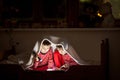 Two sweet boys, reading a book in bed after bedtime, using flash Royalty Free Stock Photo