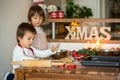 Two sweet children, boy brothers, preparing gingerbread cookies