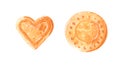 Two sweet cookies, heart-shaped and round, watercolor clip art