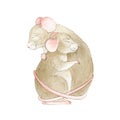 Two sweet little mice watercolor illustration. Hand drawn tender romantic hugging animals image. Perfect for Mother`s day or St. V