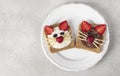 Two sweet toasts for kids in shape of cat with strawberries, banana, cream cheese and chocolate on white plate on gray Royalty Free Stock Photo