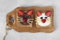 Two sweet toasts for kids in shape of cat with strawberries, banana, cream cheese and chocolate on wooden board Royalty Free Stock Photo