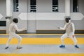 Two swordsmen wearing uniform fighting duel during training in sport gym room