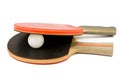 Two table tennis bats and a ping pong ball Royalty Free Stock Photo