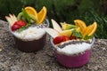 Two takeaway acai bowls with fresh fruit Royalty Free Stock Photo