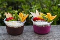 Two takeaway pots of acai with fresh fruit and mint leaves Royalty Free Stock Photo