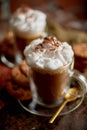 Two tall glasses with hot chocolate, whipped cream and cinnamon powder on top Royalty Free Stock Photo