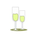 two tall glasses on a thin stem with sparkling white wine