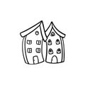 Two tall houses leaned toward each other. Black and white illustration on a white background.