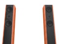 Two tall modern speakers with wood side panels Royalty Free Stock Photo