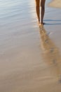 Two tanned women legs walking on sand beach Royalty Free Stock Photo