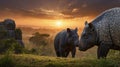 Two Malayan Tapirs in Natural Habitat at Sunrise, Mother and Cub Bonding Royalty Free Stock Photo