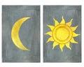 Two tarot cards with sun and moon on gray background. Watercolor hand drawn illustration isolated on white background Royalty Free Stock Photo