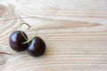 Two tasty cherries with a twig in form of a heart are lying on the wooden plank. Two nice love berries