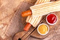 Two tasty grilled french hot dog with mustard and ketchup Royalty Free Stock Photo