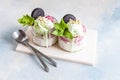 Two Tasty homemade multicolored popsicles ice cream with mint and chocolate cookies leaves in a glass jars Royalty Free Stock Photo