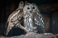 Two tawny owls perching on branch with log wall on the background Royalty Free Stock Photo