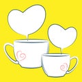 Two tea mugs with dialogue bubbles in form of hearts. Romantic chat between two lovers over cup of hot drink. Strong friendship