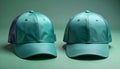 Two Teal Baseball and Trucker Caps on Green Background Royalty Free Stock Photo