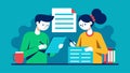 Two team members carefully proofreading each others articles for any errors or typos.. Vector illustration. Royalty Free Stock Photo