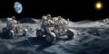 Two teams of astronauts in buggies exploring the lunar landscape, with a vivid backdrop of stars and space, sci fi and space