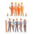 Two teams of builders in overalls with tools. Vector illustration.