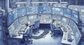 Modern industrial control room with multiple computer monitors and technicians working at circular desk arrangement Royalty Free Stock Photo