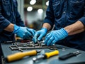 Two Technicians in Blue Gloves Assembling Precision Mechanical Parts on Workshop Bench Royalty Free Stock Photo