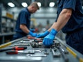 Two Technicians in Blue Gloves Assembling Precision Mechanical Parts on Workshop Bench Royalty Free Stock Photo