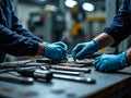 Two Technicians in Blue Gloves Assembling Precision Mechanical Parts on Workshop Bench Royalty Free Stock Photo
