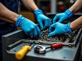 Two Technicians in Blue Gloves Assembling Precision Mechanical Parts on Workshop Bench Royalty Free Stock Photo