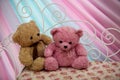 Two of teddy bear (brown and pink) sitting on a chair for wedding decoration in Bangkok, Thailand Royalty Free Stock Photo