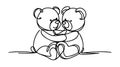 Two Teddy bear with heart continuous line drawing. One line art of decoration couple ,gift, bear, toy, stuffed toy.