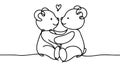 Two Teddy bear with heart continuous line drawing. One line art of decoration couple ,gift, bear, toy, stuffed toy.