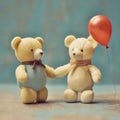 Two teddy bear, holding hands and heart shape balloon. Love, baby, friendship concept. Royalty Free Stock Photo