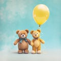 Two teddy bear, holding hands and heart shape balloon. Love, baby, friendship concept. Royalty Free Stock Photo