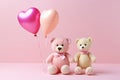 Two teddy bear, holding hands and heart shape balloon. Love, baby, friendship concept. Royalty Free Stock Photo