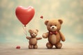 Two teddy bear, holding hands and heart shape balloon. Love, baby, friendship concept. Royalty Free Stock Photo