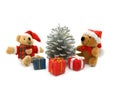 Two teddy Bear, pine and three colour gift boxes Royalty Free Stock Photo