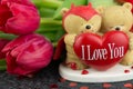 Two Teddy bears with heart I Love you and tulips Royalty Free Stock Photo