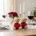 two cute teddy bears hug red heart in a romantic dinner table with a cup of red wine Royalty Free Stock Photo