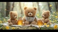Two teddy bears with honey in the forest. 3d rendering Generative AI Royalty Free Stock Photo