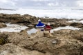 Two teddy bears at rocky coastline Royalty Free Stock Photo