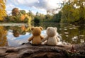 Autumn Friendship: Two Teddy Bears by a Serene Lake Royalty Free Stock Photo