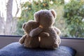 Two teddy bears sitting in front of window Royalty Free Stock Photo