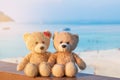 Two teddy bears sitting sea view. Love and relationship concept. Royalty Free Stock Photo