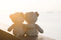 Two teddy bears sitting sea view. Love and relationship concept. Royalty Free Stock Photo