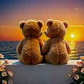 Two teddy bears sitting side by side watching the ocean on a romantic sunset Royalty Free Stock Photo